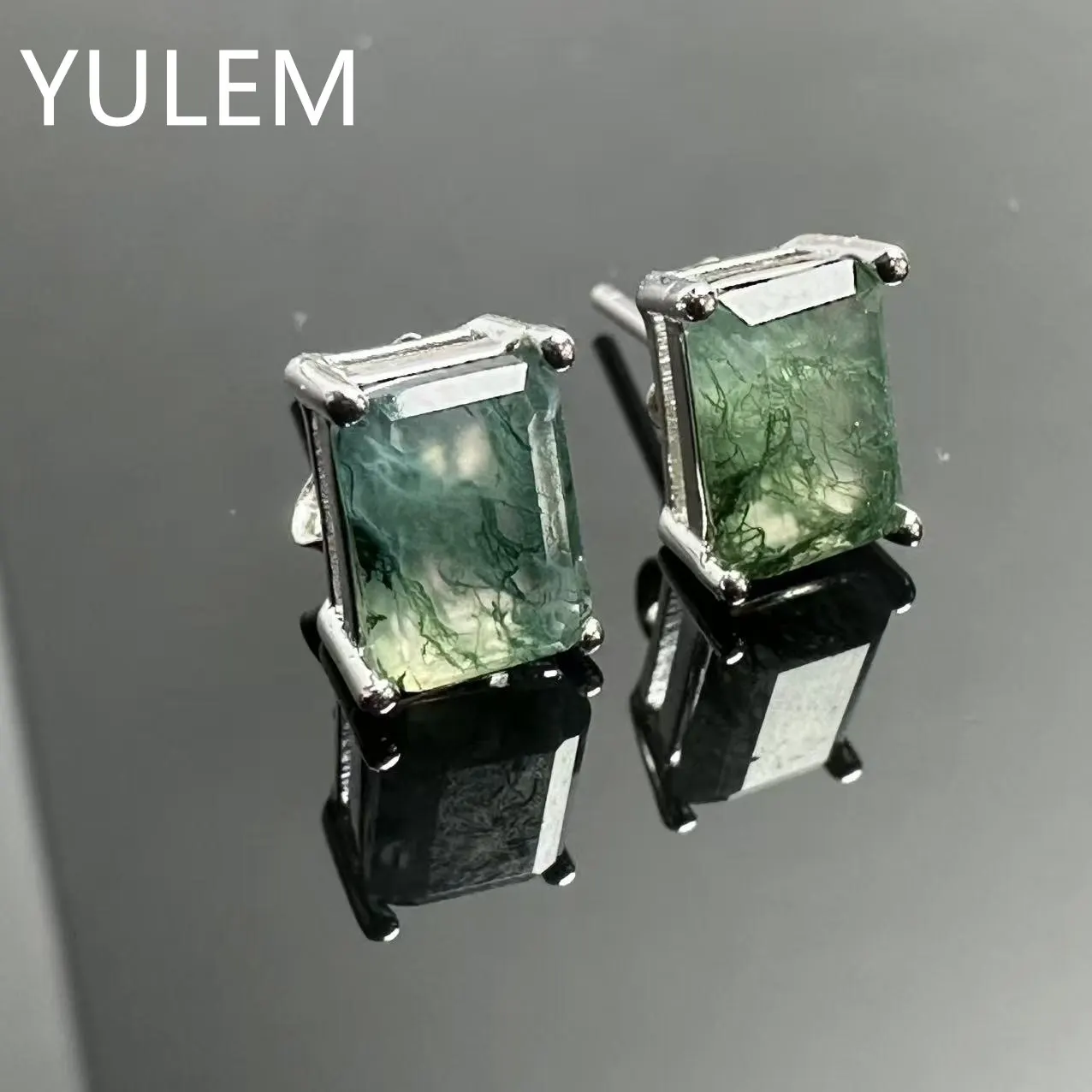 YULEM 5x7mm Rectangle Moss Agate Stud Earrings 925 Sterling Silver Natural Green Gemstone Women Daily Wear Jewelry