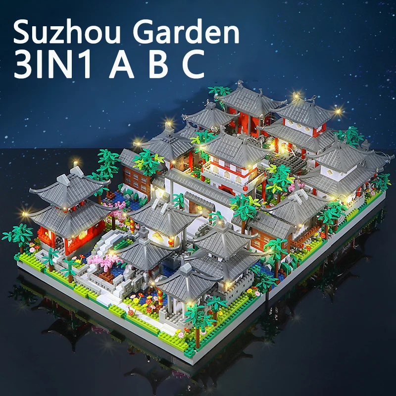 Suzhou Garden Temple Pavilion Island Waterfall Pool LED Light Mini Diamond Blocks Bricks Model Toy For Kids toys No Box