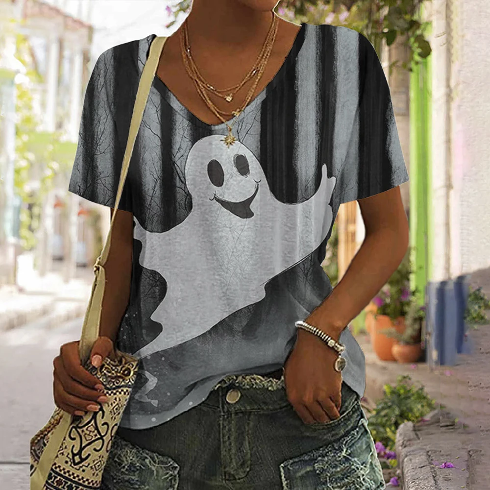 T Shirt For Women 3d Funny Spectre Print V Neck Short Sleeve Basic Tops Streetwear 2023 Summer Casual Oversized Female Clothing