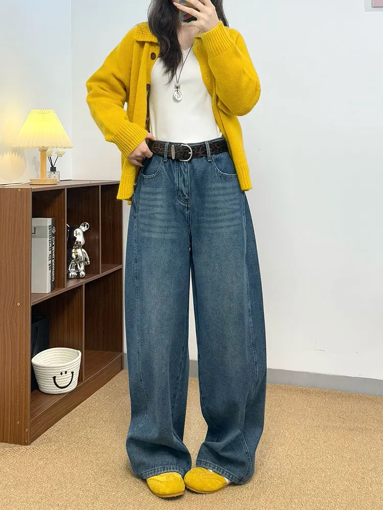 

Новые зимние повседневные широкие джинсы Thiened Fce ket Waed, женские брюки с высокой талией, винтажные гонконгские синие джинсовые брюки