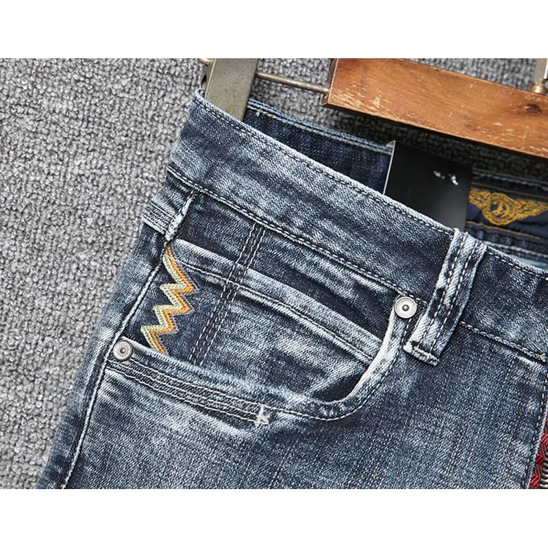 Fashion Designer Men Jeans High Quality Retro Blue Gray Stretch Slim Fit Ripped Jeans Men Embroidery Vintage Denim Pants Hombre