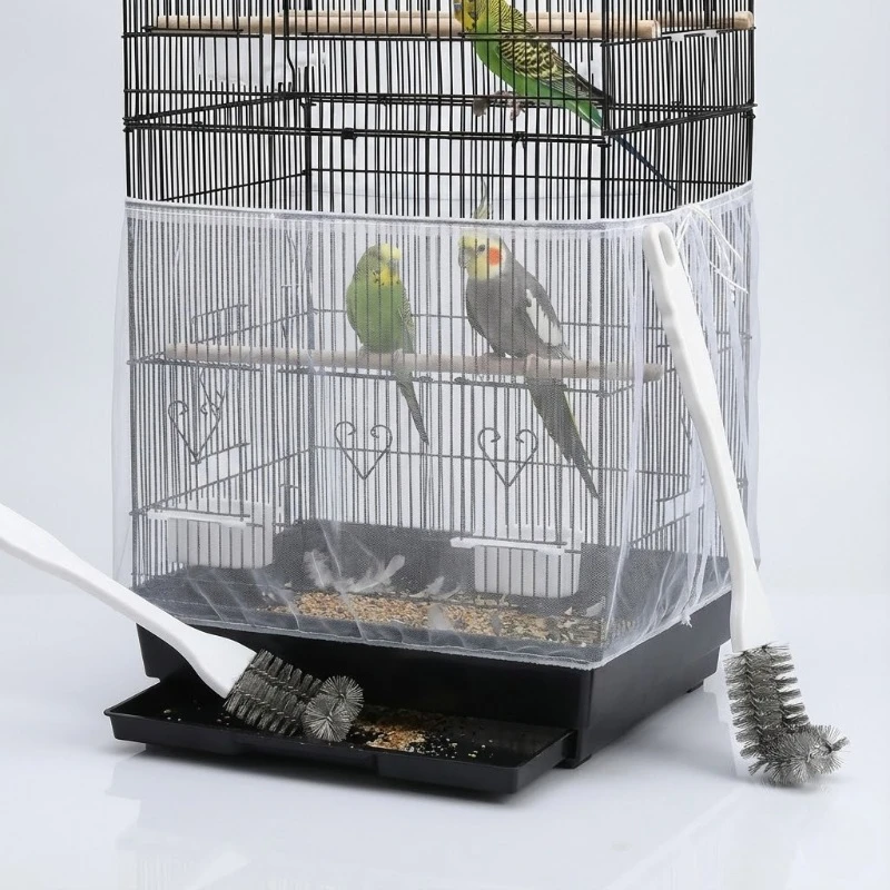 Nylon-Netz Vogelkäfig Samensammler Abdeckung mit Langem Griff Reinigungsbürsten-Set für Sittiche und Wellensittiche Haustierzubehör