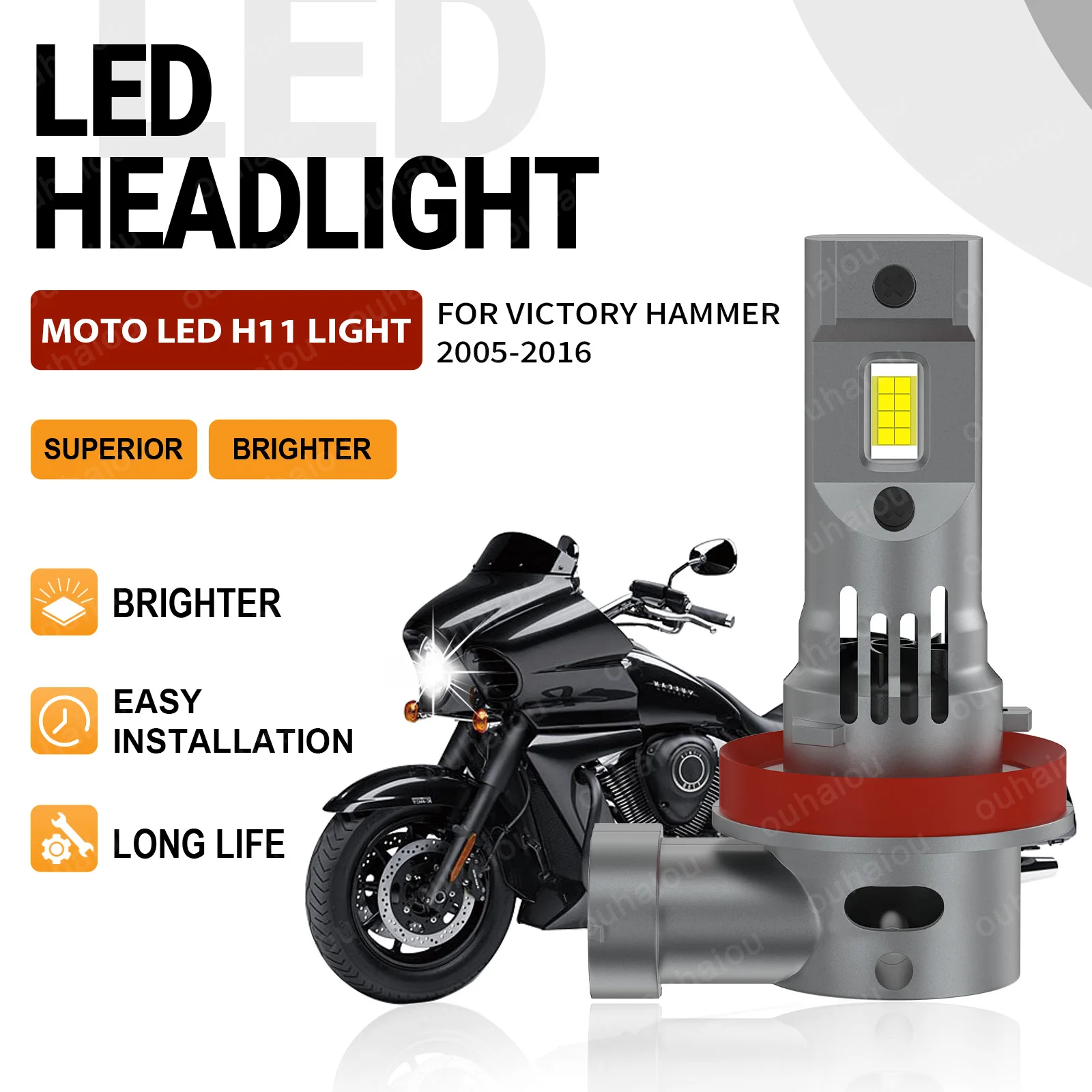 

H11 High Bright Fanless LED Canbus Error Free Motorcycle Headlight Bulb Moto 6000K White Headlamp For Victory Hammer 2005 2016