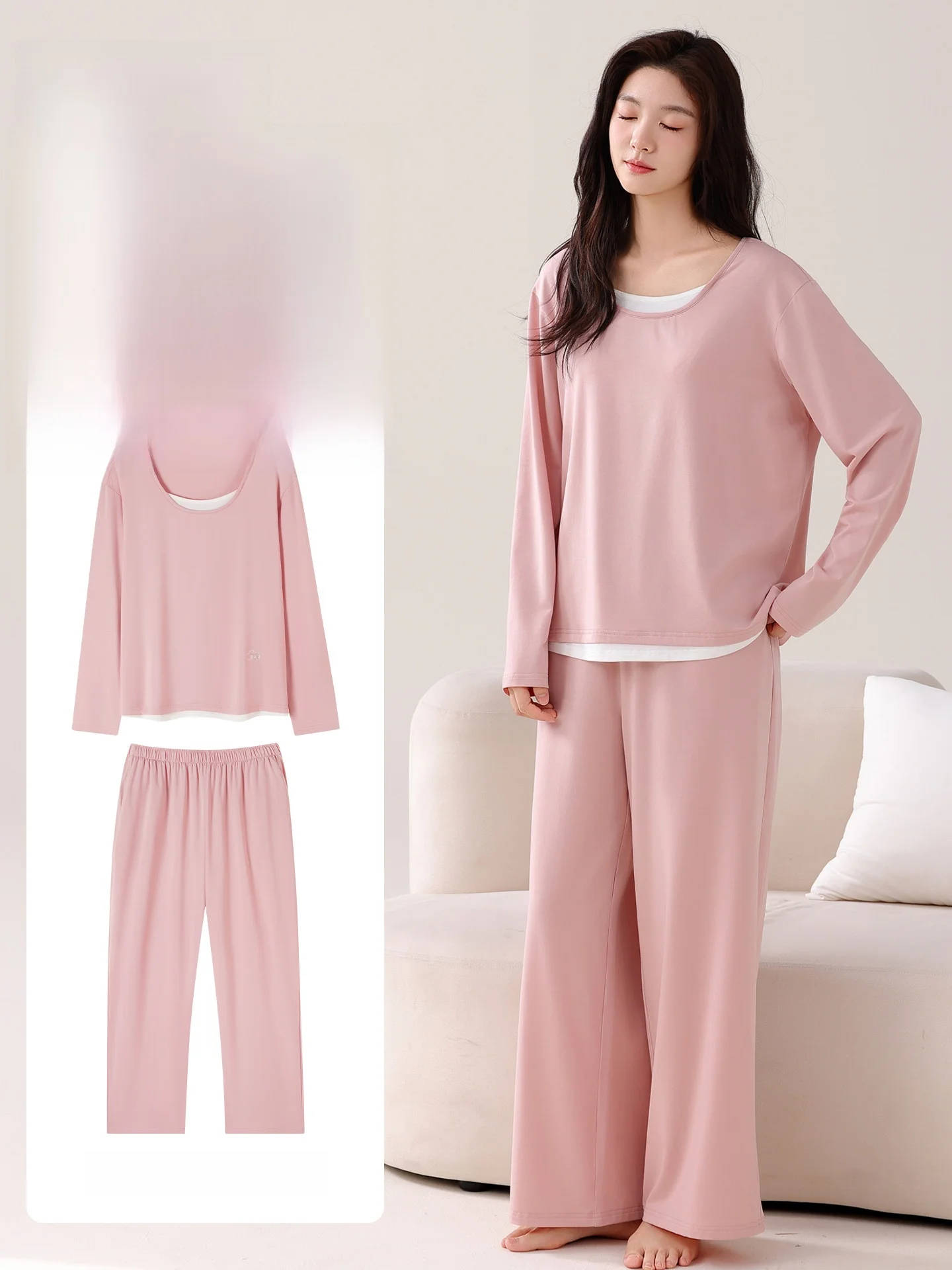 Ladies Modal Cotton Sleepwear with Chest Pad Home Clothes Spring Autumn High Sensation Large Size Can Be Worn outside
