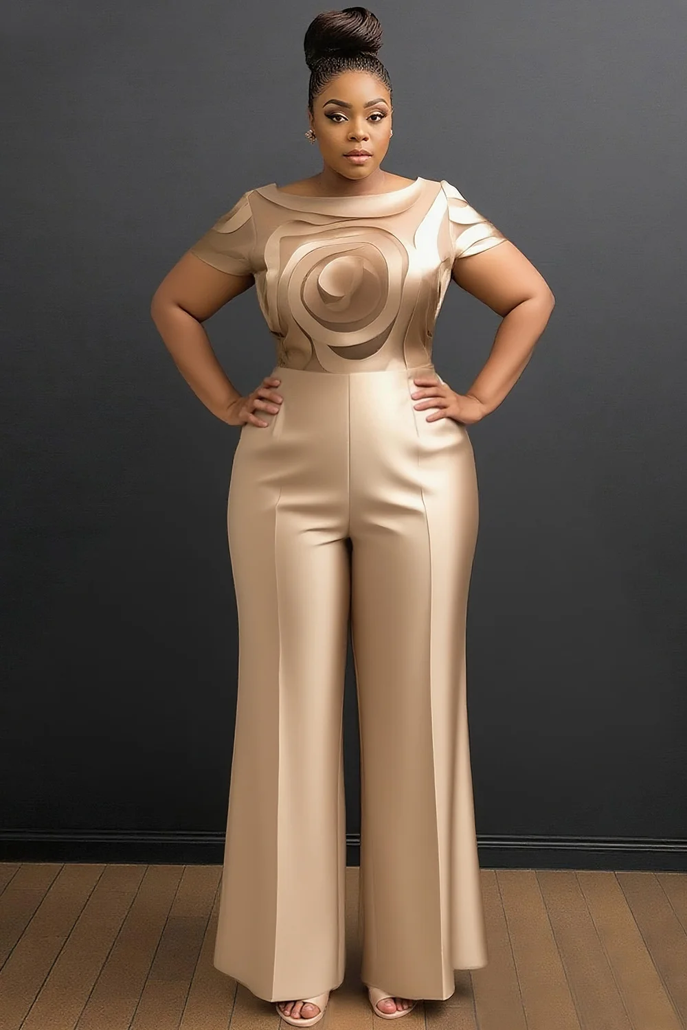 

Plus Size Business Casual Champagne Floral Round Neck Cap Sleeve Short Sleeve Pocket Elegant Satin Jumpsuits