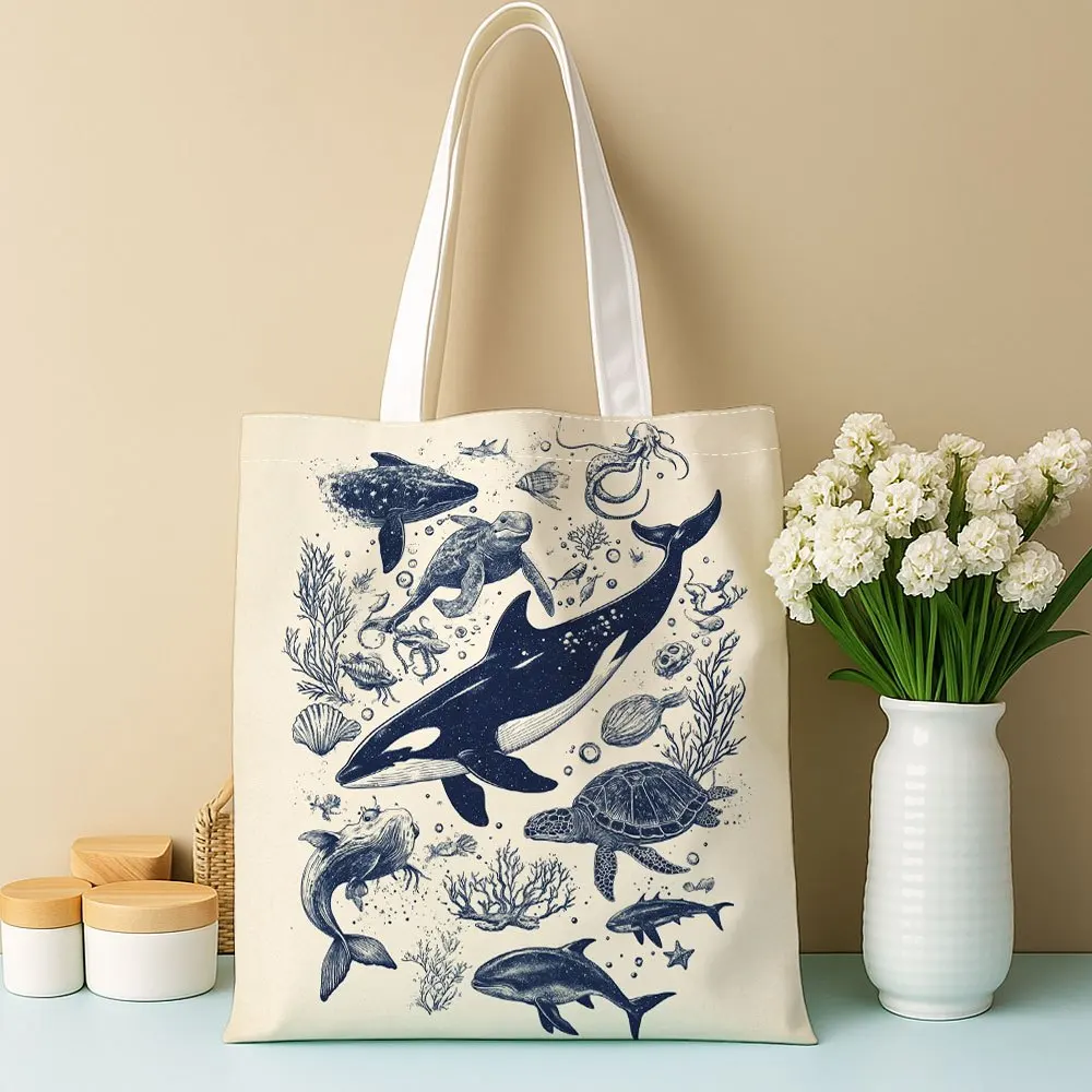 Women's Ocean Theme Tote Bag, Printed with Whale and Marine Life Patterns, Blue Whale and Ocean Art Design Travel Shopping Bags