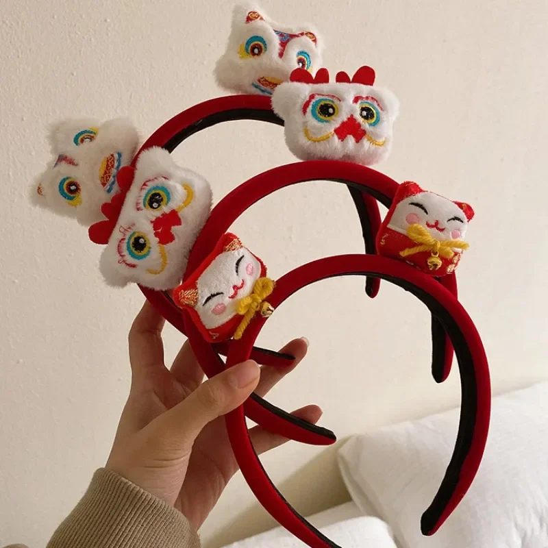 Chinese New Year Red Velvet Hairband Women Headwear Cute Plush Cartoon Dragon Cat Chinese Character Headband Hair Ornament