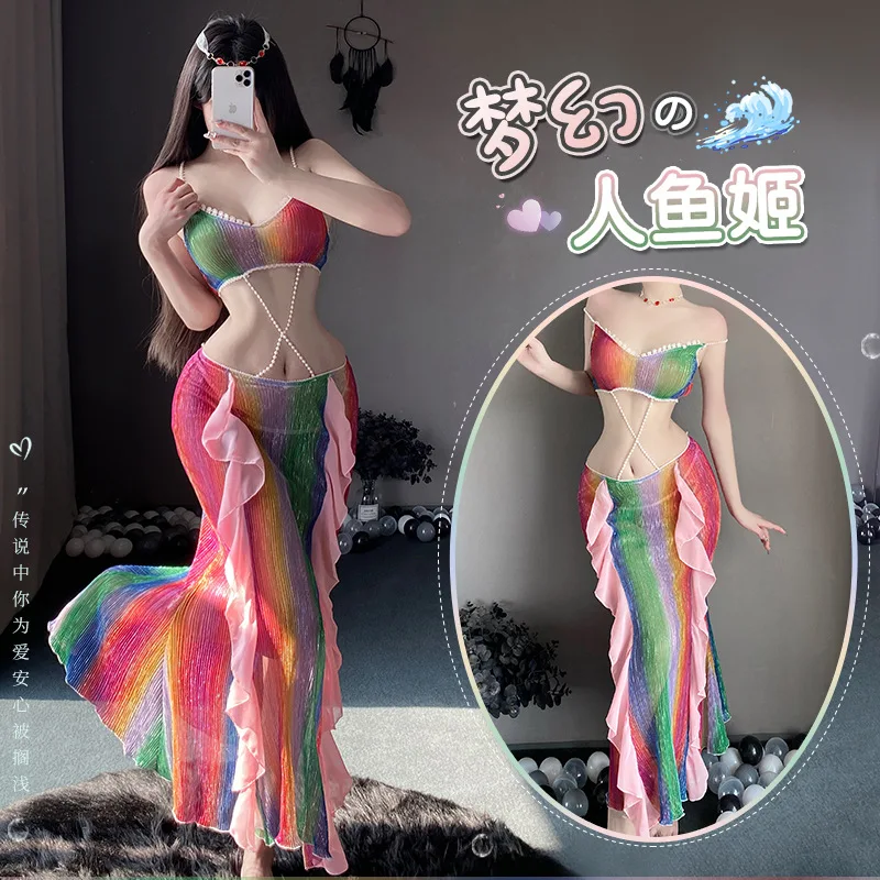 

Halloween Mermaid Cosplay Costume Women Sexy Lingerie Set Bra Top Fish Tail Long Skirt Party Dress up Suit 2025 Stage Wear