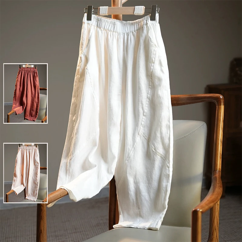 

Свободные хлопковые и льняные дышащие повседневные девятисекционные брюки больших размеров, женские эластичные брюки с широкой талией для похудения Harlan Carrot T...