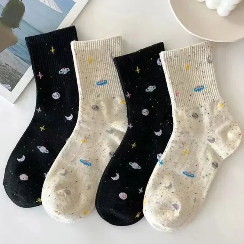 Kaus kaki wanita pola bintang bulan 1/3 pasang kaus kaki tabung ruang angkasa Harajuku Planet warna-warni manis hangat lucu kasual Streetwear Meias