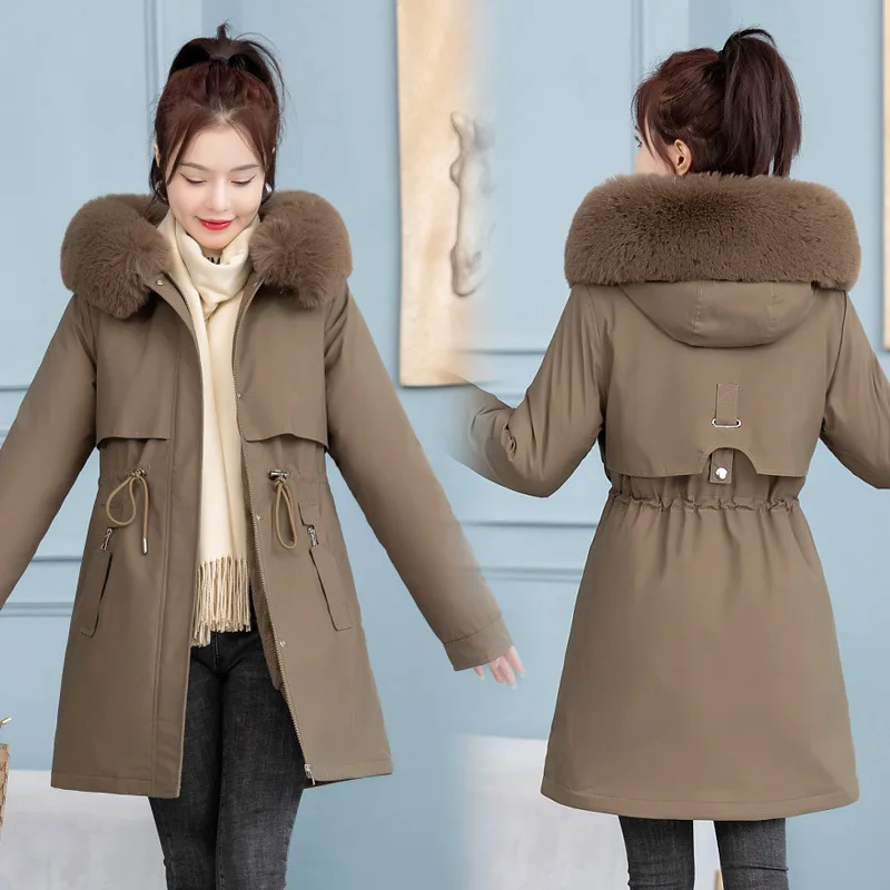 

Women Hooded Parkas Coats Long Overcoat Solid Big Fur Lenth Collar Zipper Drawstring Waist Loose Thick Casual 2025 Autumn Winter
