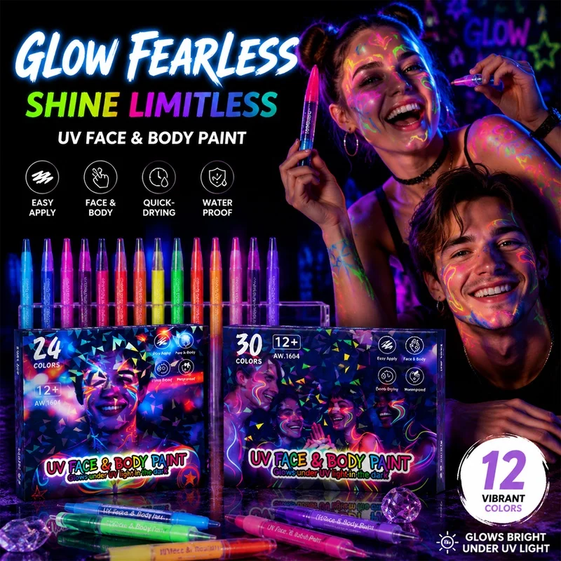 8/12/18/24/30 Glow Paint Markers. Neon hues glow under UV light for body tattoos, parties & festivals.