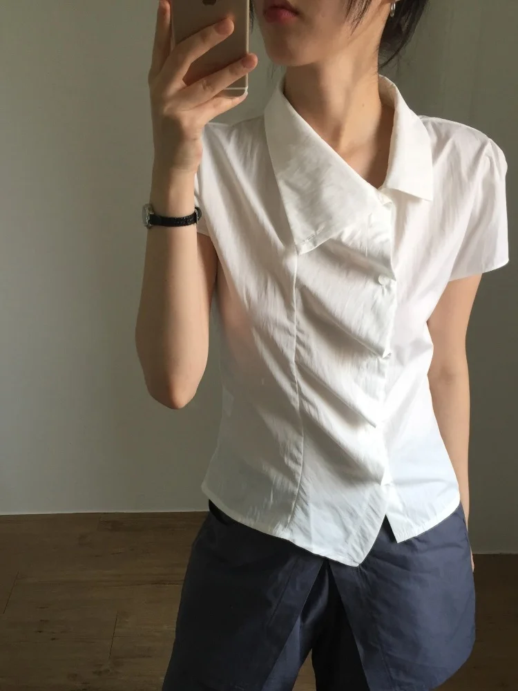 

Korean Sweet Faion Anti-Aging ort Sve irt Women Summer Versatile Asymmetric Collar Button up Classy Top