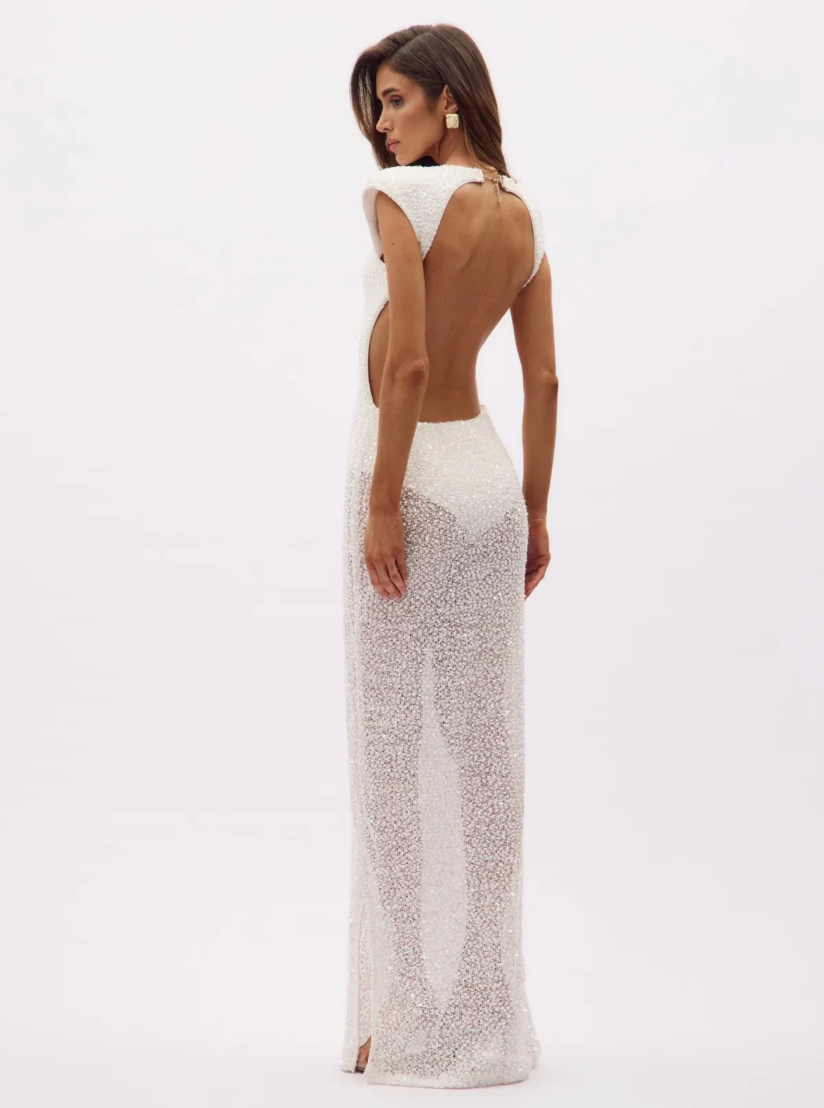 

Women's Sexy Sleeveless Patchwork Lace Long Dress White Party Costume for Bar Nightclub Stage Performance 2026 New