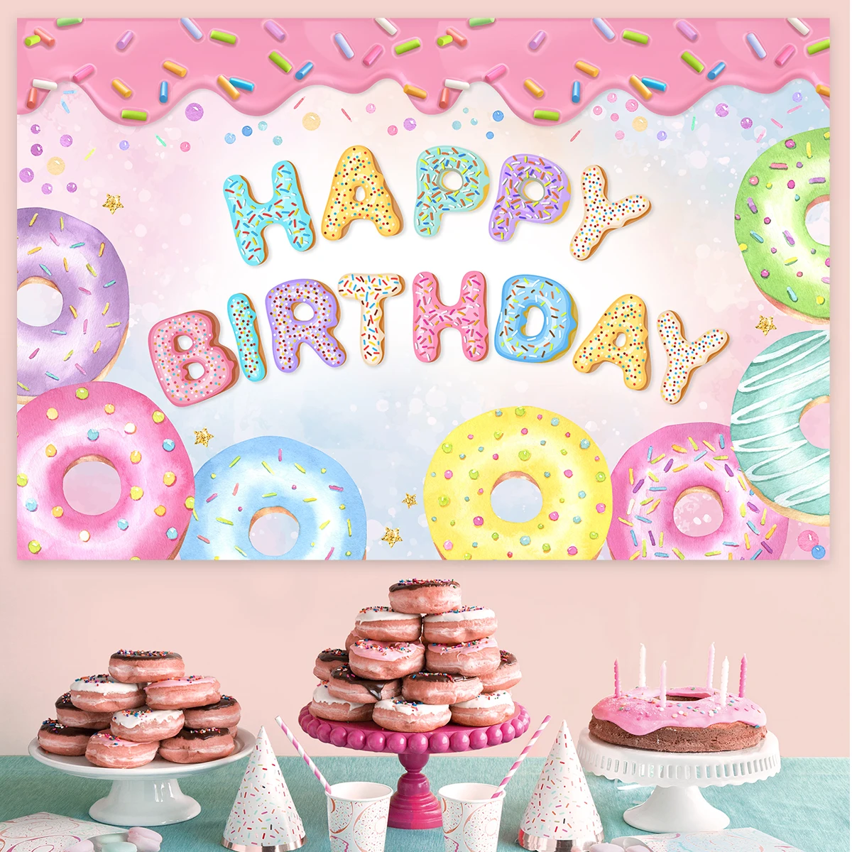 Donut Theme Party Backdrops Happy Birthday Party Decor Photo Booth Background Baby Shower Girl Hanging Flag Backdrop Props