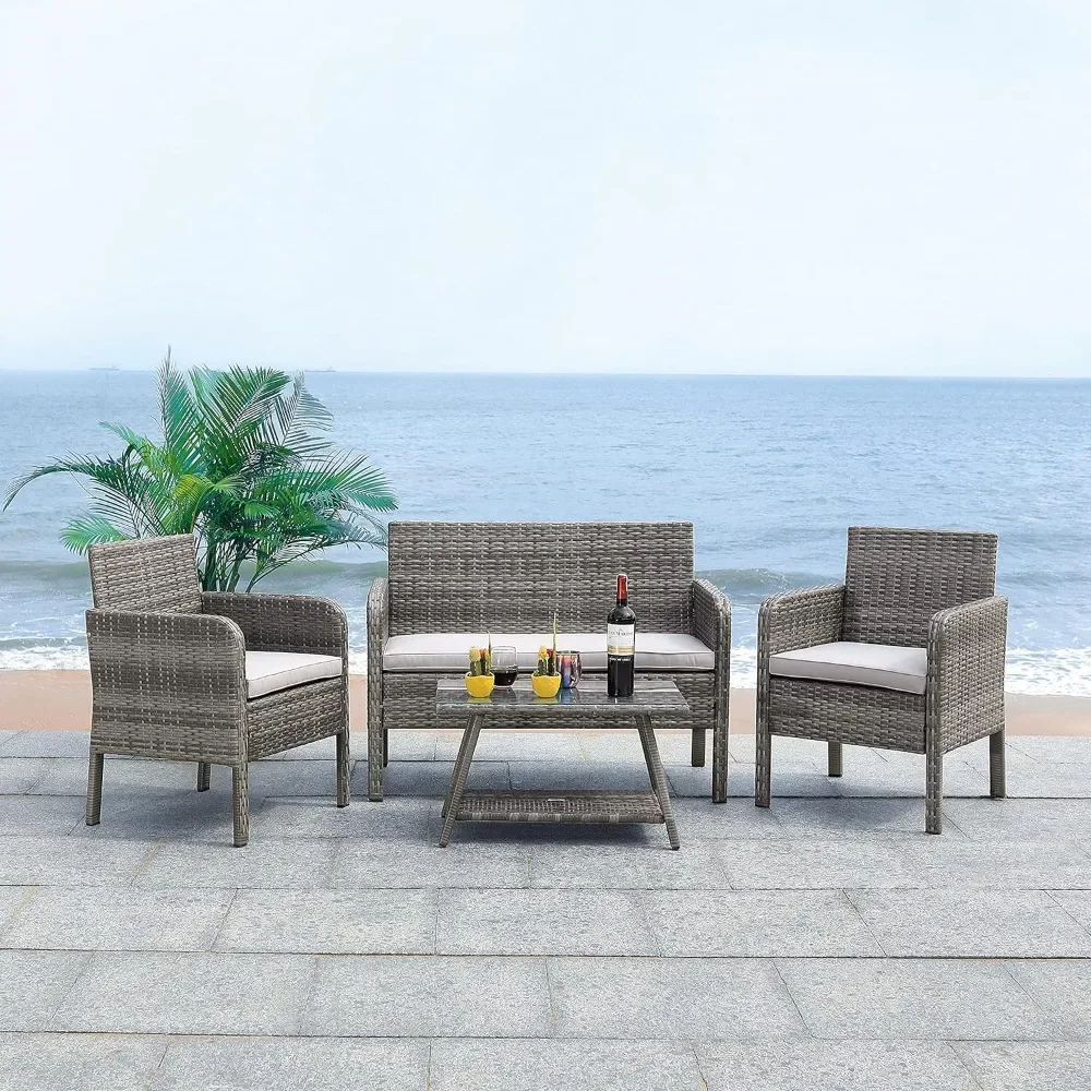 4 Piece Outdoor Living Patio Set, 1 Two-seater Sofa, 2 Single Chairs, 1 Table Wicker Outdoor Garden Furniture