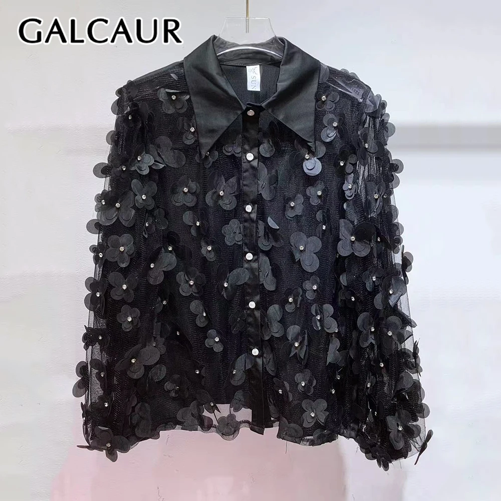 

GALCAUR Solid Spliced Appliques Elegant Shirts for Women Lapel Long Sleeves Patchwork Singlr Breasted Fashion Shirt Female Style