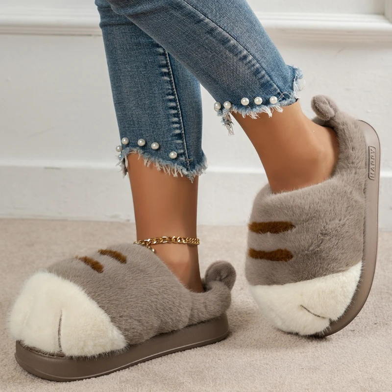 

Women Indoor Fluffy Slippers Cute Cartoon Paw Winter Warm Shoes Female Thick Sole Light Weight Soft Faux Fur Home Floor Slipper