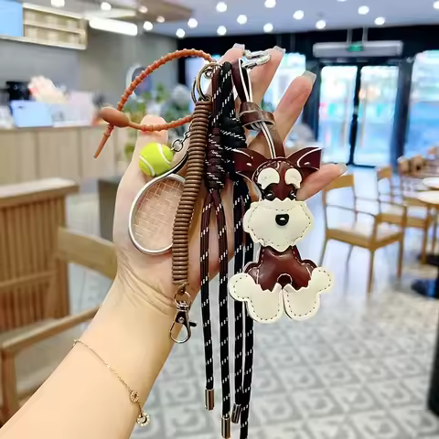 Cartoon PU Animal Key Chain Cute Schnauzer Keyring For Women PU Leather Dog Puppy Pendant Keychain Backpack Pendant Ornaments