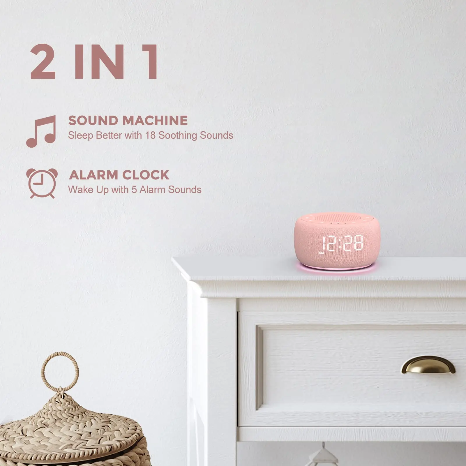 

KERCHAN Sound Machine & Alarm Clock 2-in-1-0-100% Display Dimmer,Under Light,Sleep Timer,Precise 30-Level Volume Control