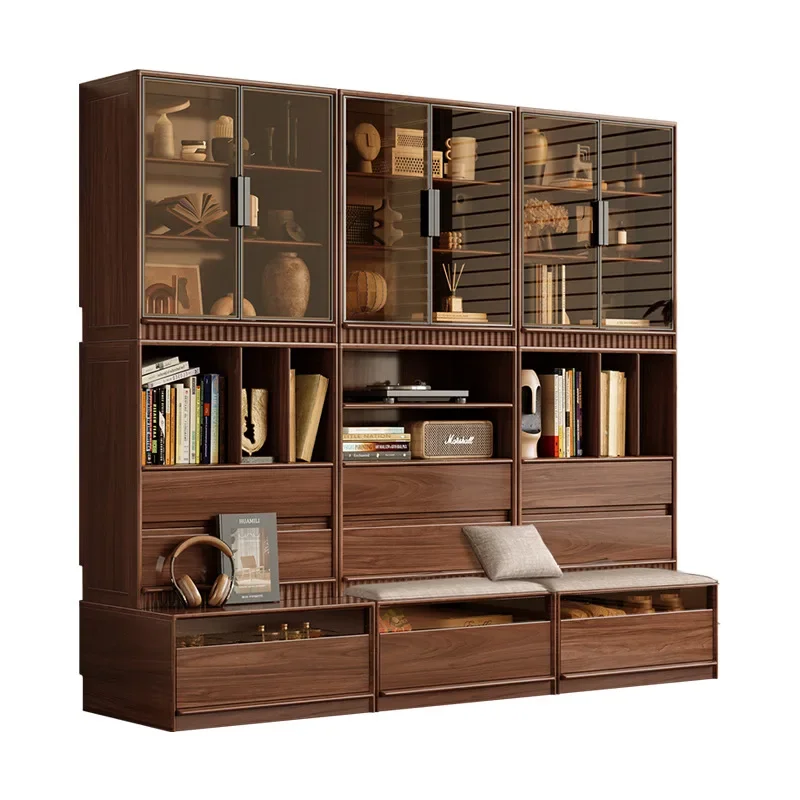 Solid wood combination bookcase, black walnut glass display case, display living room storage with card seat