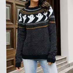 Women Autumn Winter Casual Fashion Round Neck Fun Halloween Pattern Color Knitted Sweater Women Popular Pullover Sweatshirt