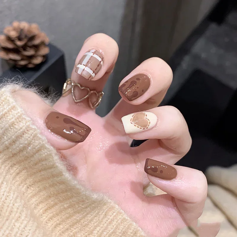 

24pcs Coffee Milk Fake Nails Love Design False Nails Art Full Coverage Waterproof Artificial Press on Nail with Tools for Woman