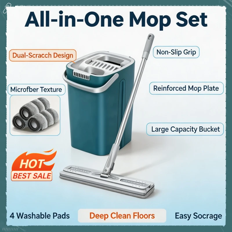 Self-washing Flat Floor Mop and Bucket Set Kitchen Household Cleaning Tool Microfiber Wiper Magic Extendable Wet Dry Daily Use
