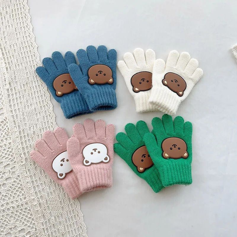 Cute Bear Children Knit Gloves Thick Woolen Kids Five Finger Glove 3-7year Boy Girl Winter Hand Warmer Cartoon Baby Plush Mitten