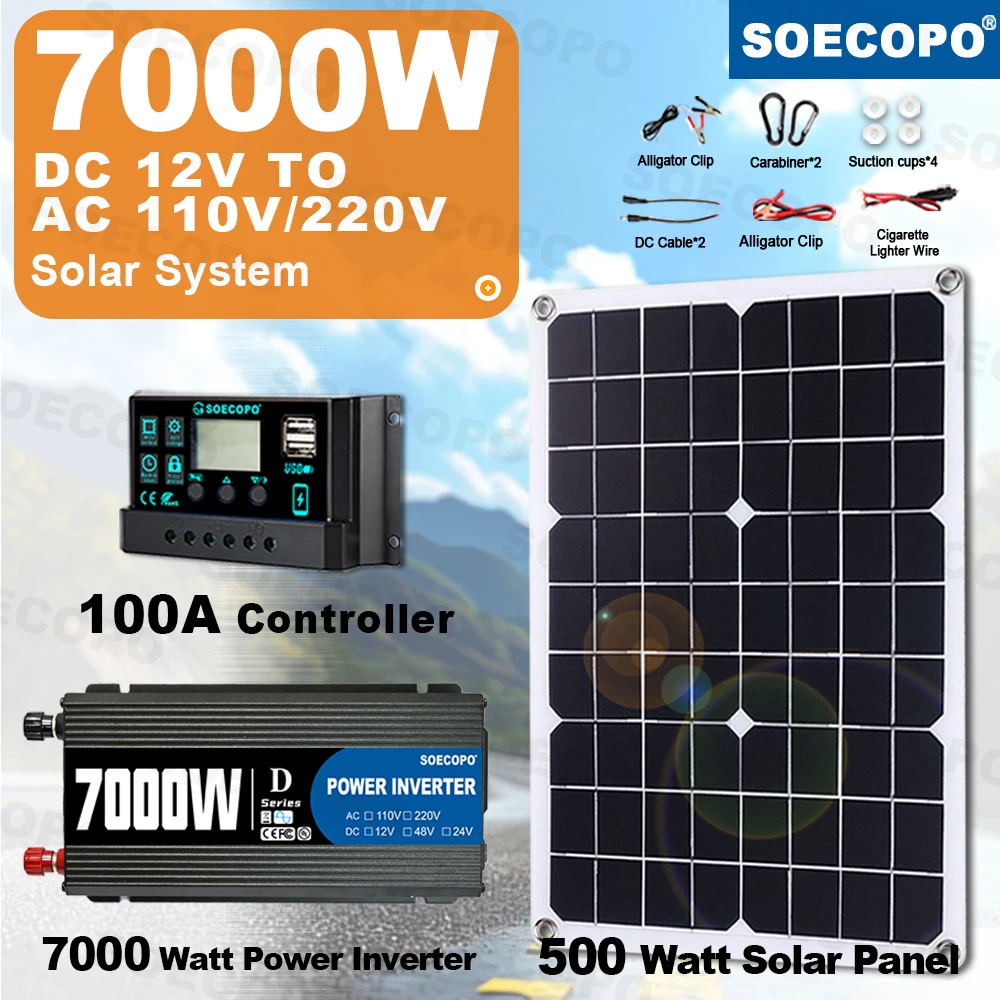 

All-in-One Kit SOECOPO 7000W Solar Power System Kit,Lightweight Inverter, 500W Panel, 100A Controller, for Off-Grid Home Farm