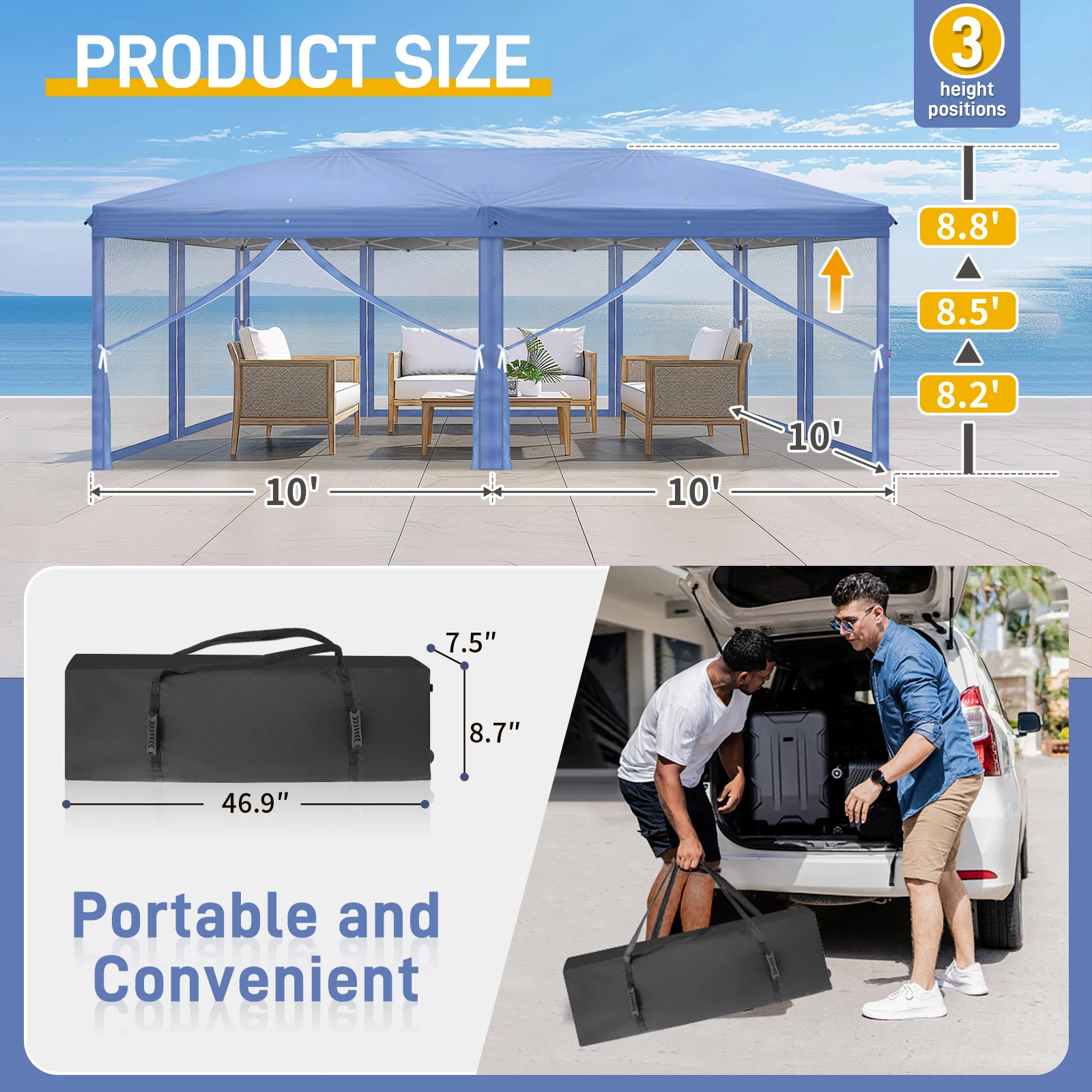 

10 * 20ft blue, one-click open 6 pieces of gauze - 2 doors 4 gauze 28/22MM foot tube 10X20MM cross rod, folding shed 210D Oxford