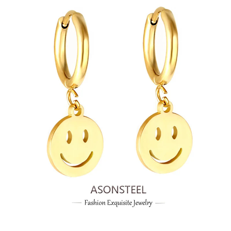 ASONSTEEL New Design Round Smile Face Accessory Hoop Earring Chic Piercing Gold Silver Color Stainless Steel For Women Jewelry