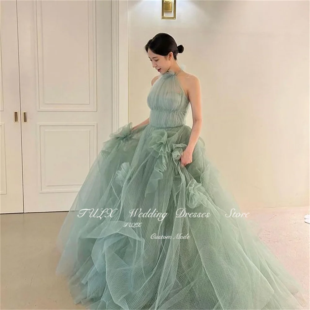 TULX Fairy Green Tulle Korea A Line Evening Dresses Halter Ruffles Pleats Sleeveless Formal Gown Photo Shoot Wedding Party Dress