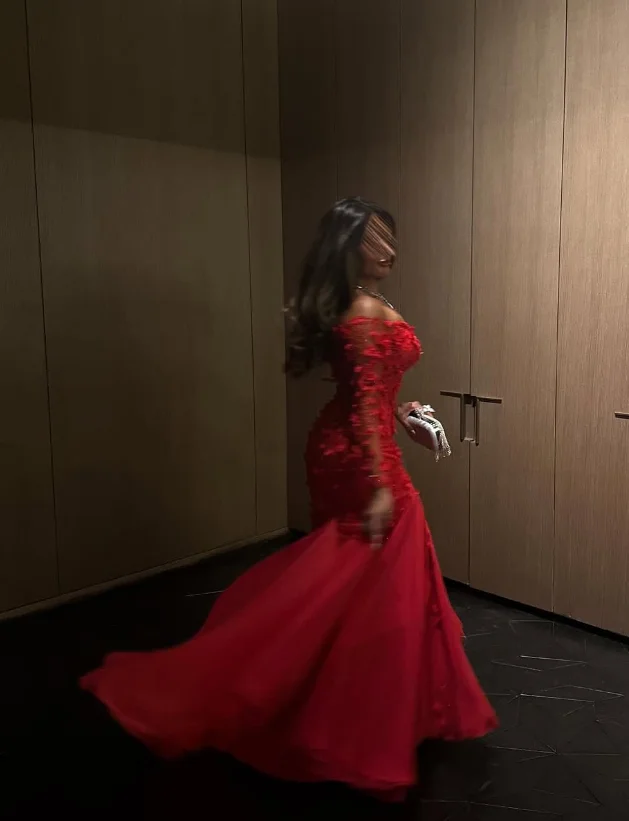 Robe de soirée de forme sirène, rouge, arabe, manches longues, épaules dénudées, motif Floral 3D froncé, robe de Gala de bal, personnalisée