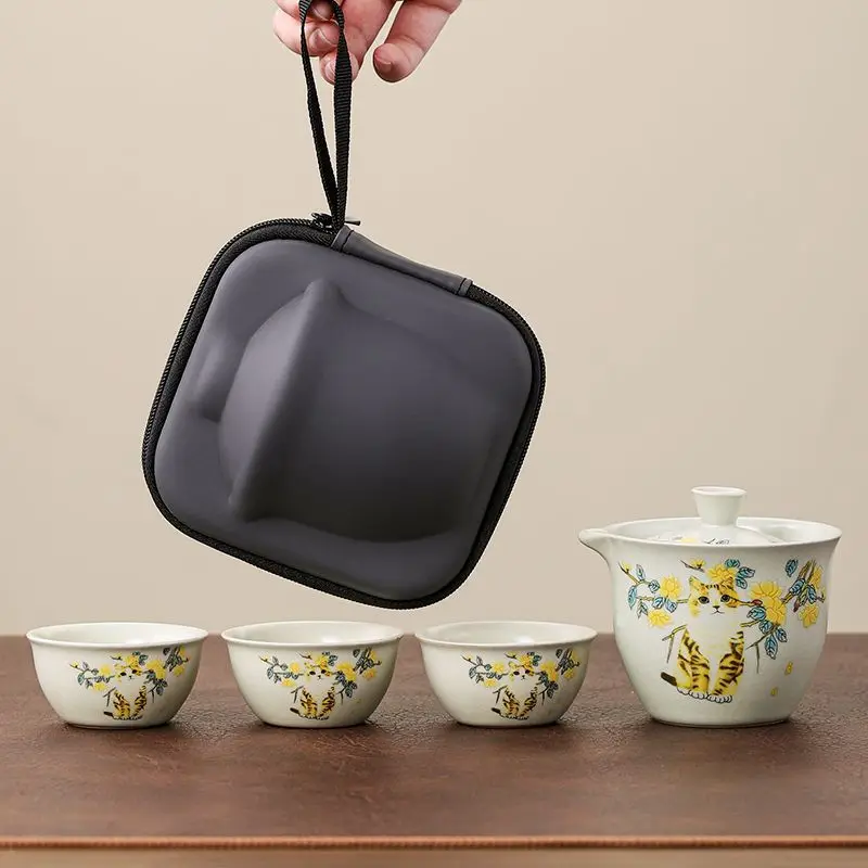 Ru kiln travel tea set suit portable outdoor camping style tea drinking portable one pot three cups kung fu tea set