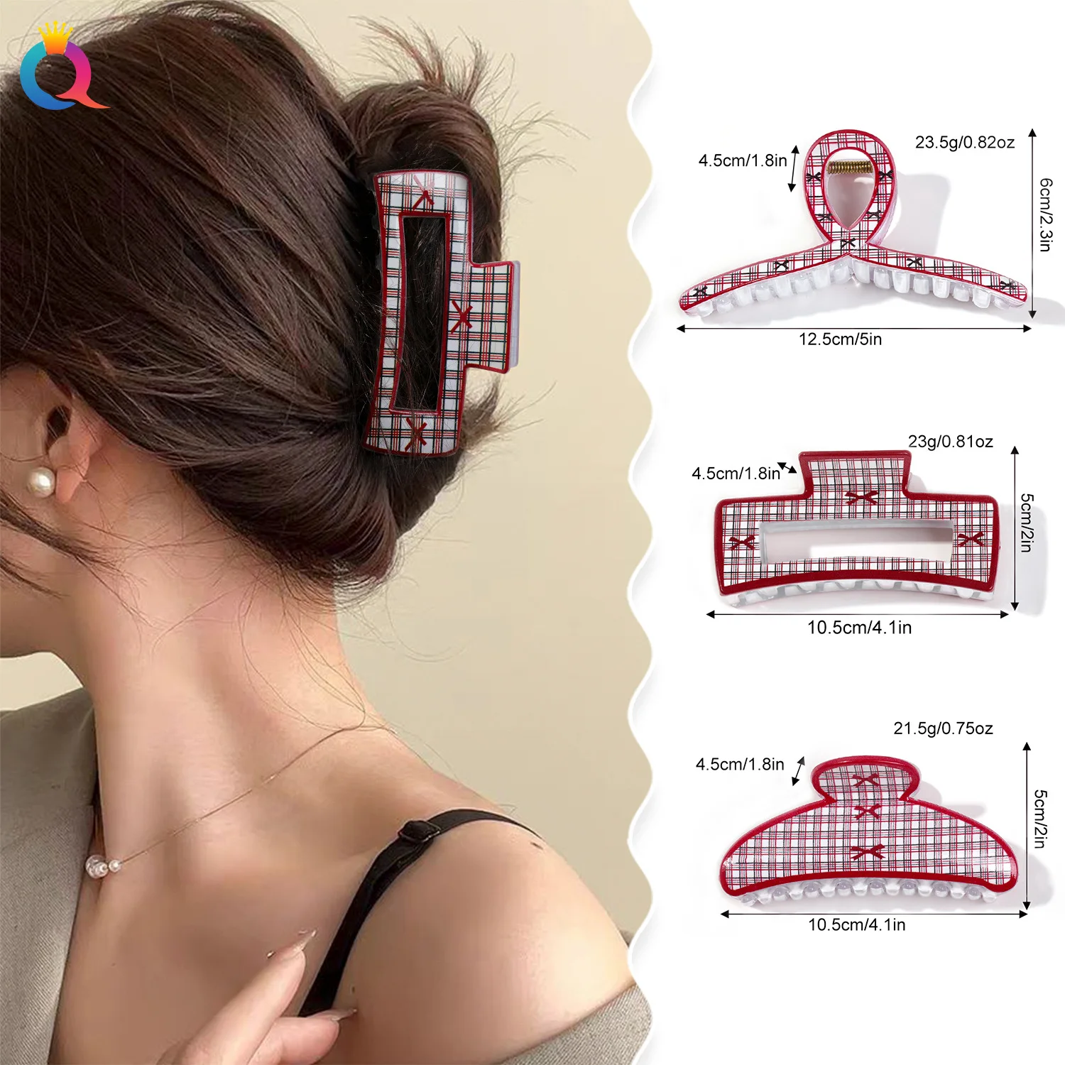 Red Polka Dot Heart Bbow Print Irregular Square Cutout Red Grid Resin Hair Claw Summer Clip for Women Headwear HUANZHI NEW