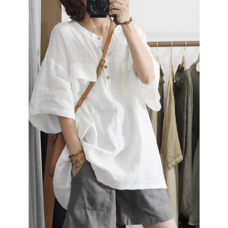 

Cotton Linen Women Shirt Fashion Stand-up Collar Loose Casual Shirt Short-sleeved Tops White Black