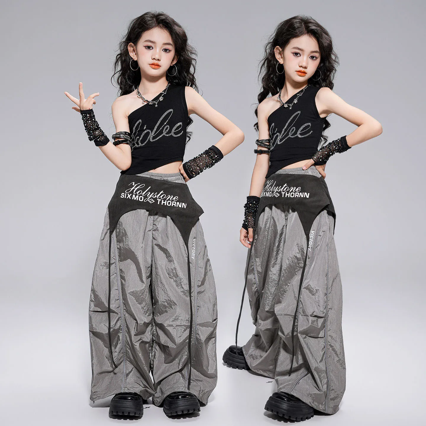 

Kid Kpop Hip Hop Clothing Black Stone One Shoulder Crop Tank Top Gray Casual Wide Parachute Pants for Girl Dance Costume Clothes