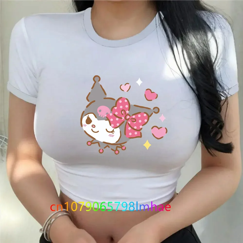 

2024 Sexy Kuromi Crop TopY2k Print T-shirts Cartoon Woman Clothes Slim Fit Women's T-shirt Sanrio Fashion tops