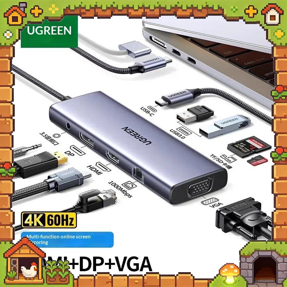 UGREEN 90887 USB-C Hub 10-in-1 HDMI DP VGA Gigabit Ethernet USB 3.0 SD TF 3.5mm Audio Multiport Adapter for Laptop