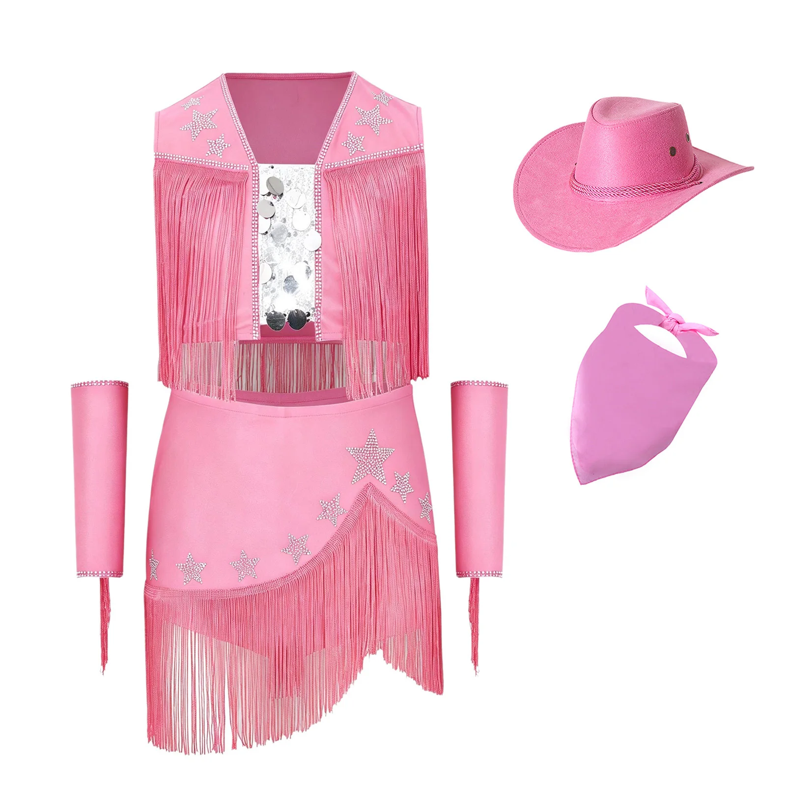 Kids Girls Halloween Western Cowboy Cowgirl Costume Latin Jazz Dance Outfit Tassel Crop Vest Tops with Skirt Gloves Hat Kerchief view 3