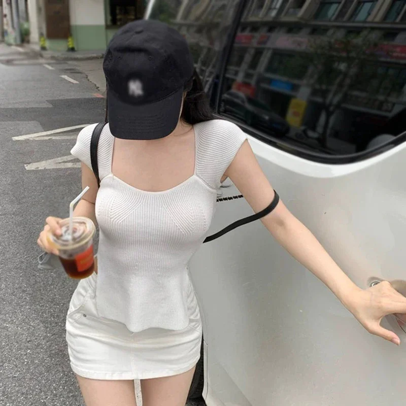 

Autumn Solid Color Knitted T-Shirt for Women Elegant Square Neck Split Knit Short-Sleeved Chic Tees All-match Fashion Outfits