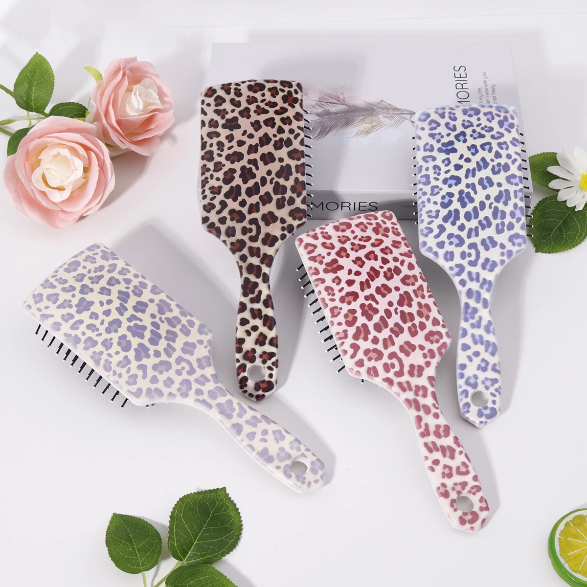 1 Uds. Cepillo de pelo antiestático con estampado de leopardo, peine suave para masaje del cuero cabelludo, mango de plástico ABS, especial para pelucas de cabello real