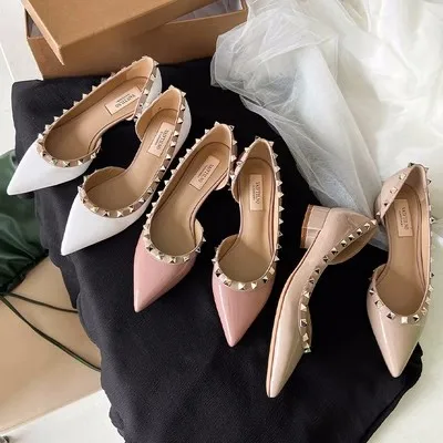 2024 New Shallow Mouth Pointed Toe Hollow Rivet for Women Autumn Outdoor Dress Party Thin Heels Pumps Low Heeled Leisure Shoes