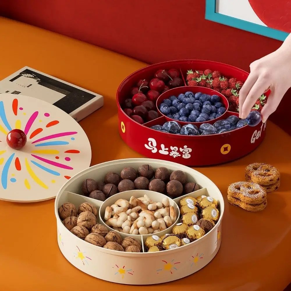 أطباق فاكهه بلاستيكية متعددة الطبقات مستديرة ذات سعة كبيرة صينية تقديم فواكه مجففة مع غطاء طبق فواكه مختوم لغرفة المعيشة