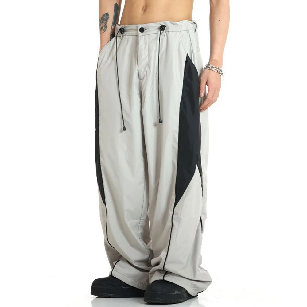 Mens Retro Wide-Leg American Contrasting Color Sweatpants Genderless Street Loose Drawstring Casual Floor-Length Pants Unisex