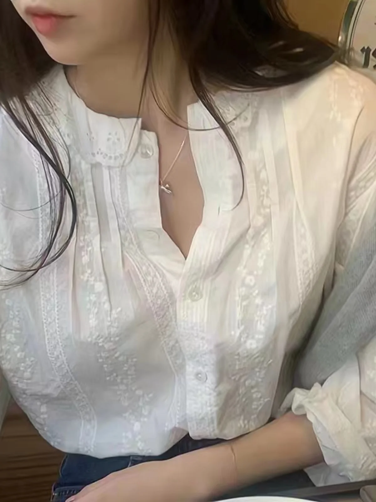 

White Lace Bubble Sve irt Women's Chic Korean Sle Beautiful Top Spring Commute Sle Long Sve Button Closure Pure C...