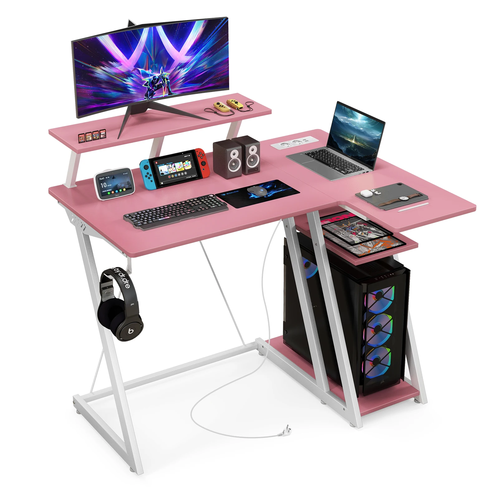 Sockets & USB Ports Desk, Small Computer table with Monitor Stand, headphones Hooks, Storage Comb