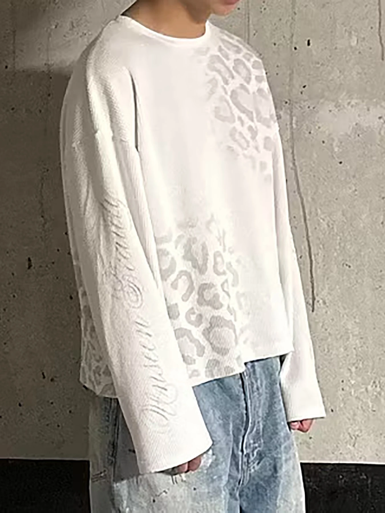 New Autumn and Winter Y2K Personalized Leopard and Waffle Print Loose Casual Round Neck Long Sleeved T-shirt