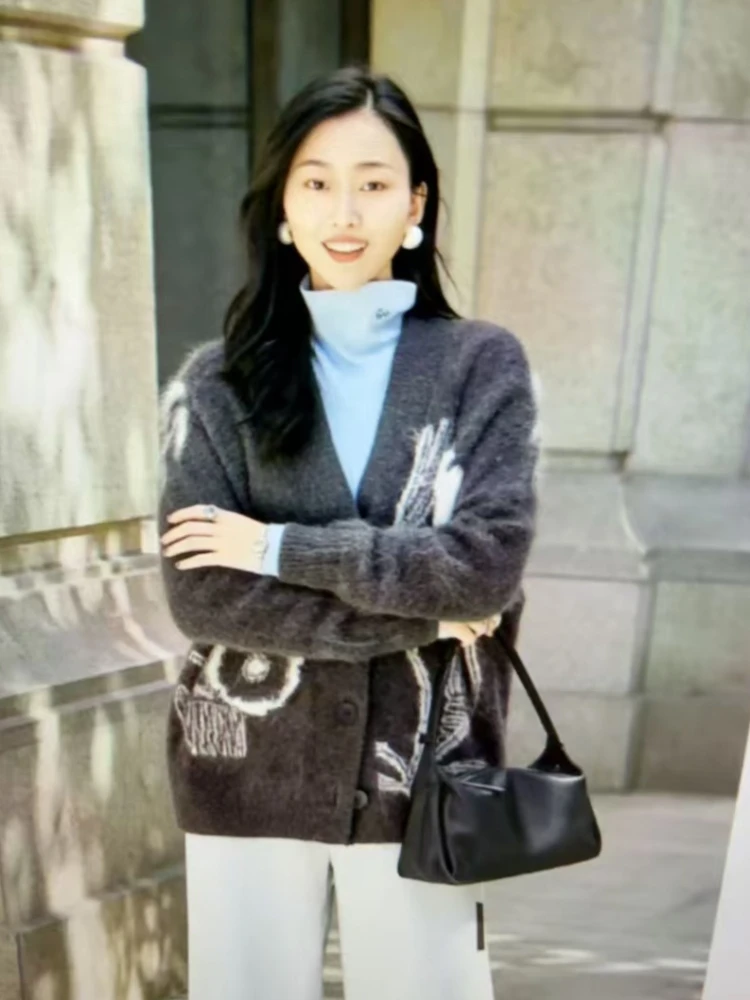 プリントセーターニットカーディガン女性グラフィティ V ネック長袖ニットストリートレディセーター新しい秋特大カーディガン